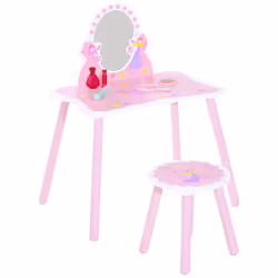 HOOMCOM Girls Kids Pink Dressing Table Make Up Play Set Desk Chair Mirror Wooden - Additional view 8