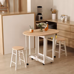 HOMCOM 3pc Wooden Kitchen Cart Trollet Table Folding Stools Space-saving