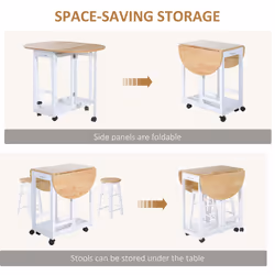 HOMCOM 3pc Wooden Kitchen Cart Trollet Table Folding Stools Space-saving - Additional view 4