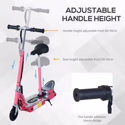 HOMCOM Foldable Powered Scooter with Adjustable Seat and Brake, Pink