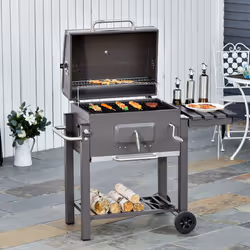 Outsunny Charcoal Grill BBQ Trolley Wheels Shelf Side Thermometer Steel Grey
