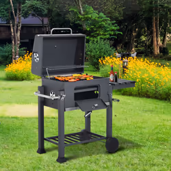 Outsunny Charcoal Grill BBQ Trolley Wheels Shelf Side Thermometer Steel Grey