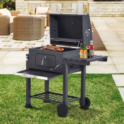 Outsunny Charcoal Grill BBQ Trolley Wheels Shelf Side Thermometer Steel Grey