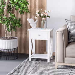 HOMCOM 55cm End Side Table w/ Drawer Shelf Home Storage Furniture White