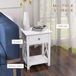 HOMCOM 55cm End Side Table w/ Drawer Shelf Home Storage Furniture White