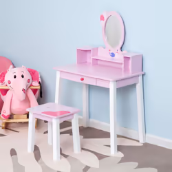 HOMCOM Kids Dressing Table and Stool Set Make Up Desk with Storage (Pink)