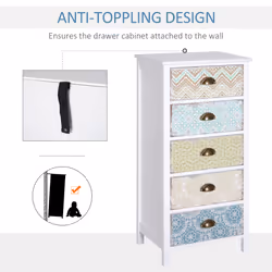 HOMCOM Storage Chest Unit Dresser 5 Drawer Retro Style Wood White Entryway