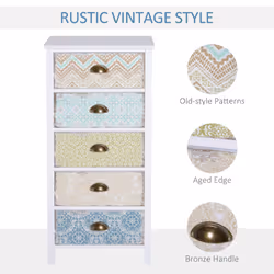 HOMCOM Storage Chest Unit Dresser 5 Drawer Retro Style Wood White Entryway - Additional view 4