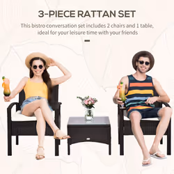 Outsunny 3PC Garden Rattan Bistro Set Balcony Dining Table 2 Seater Chair Brown