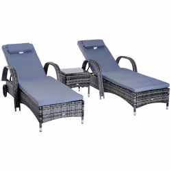 3pc Outsunny Garden Rattan Sun Lounger Set w/ Side Table - Grey