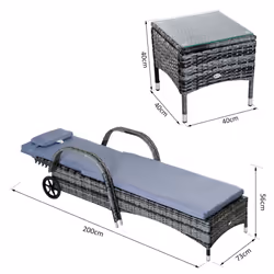 3pc Outsunny Garden Rattan Sun Lounger Set w/ Side Table - Grey - Additional view 8