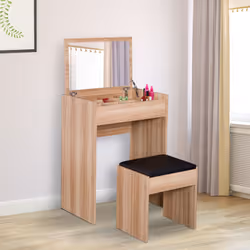 HOMCOM Dressing Table Set Cushioned Stool Flip-up Mirror Chipboard - Wood Grain