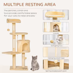 PawHut Cat Tree Activity Centre Scratching Post With Toys 4-tier Beige 114cm