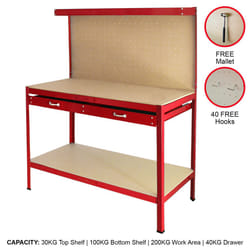 Workbench With Pegboard And Drawer Tool Garage Storage Heavy-Duty Steel Workshop DIY - Red
