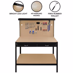 Workbench Pegboard Drawer LED Light Tool Garage - Black