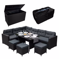 Rattan Corner Furniture Set & Garden Storage Box Black Large Outdoor