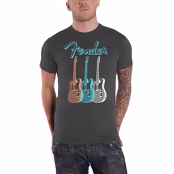 Fender T Shirt Triple Guitar Logo new Official Mens Charcoal Grey - M, Charcoal