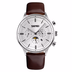 SKMEI Beautiful Quartz Mens Watch Rose Gold Or Silver Multi Dial Sun Moon Dial Brown Leather Strap - Silver