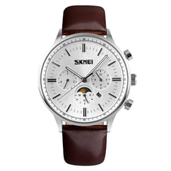 SKMEI Beautiful Quartz Mens Watch Rose Gold Or Silver Multi Dial Sun Moon Dial Brown Leather Strap - Silver