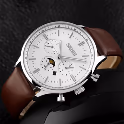 SKMEI Beautiful Quartz Mens Watch Rose Gold Or Silver Multi Dial Sun Moon Dial Brown Leather Strap - Silver