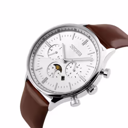 SKMEI Beautiful Quartz Mens Watch Rose Gold Or Silver Multi Dial Sun Moon Dial Brown Leather Strap - Silver