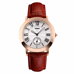 Skmei Beautiful Women's Watch Rose Gold Roman Numerals Genuine Leather Strap - Red