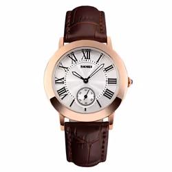 Skmei Beautiful Women's Watch Rose Gold Roman Numerals Genuine Leather Strap - Brown