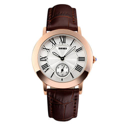Skmei Beautiful Women's Watch Rose Gold Roman Numerals Genuine Leather Strap - Brown