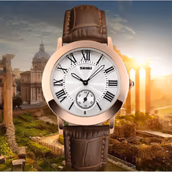 Skmei Beautiful Women's Watch Rose Gold Roman Numerals Genuine Leather Strap - Brown