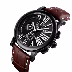 Skmei Mens Black Watch Chronograph Genuine Leather Strap Date Display SK9196BLA - Brown
