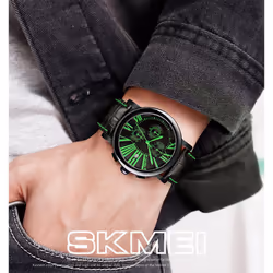 Skmei Mens Black Watch Chronograph Genuine Leather Strap Date Display SK9196BLA - Green
