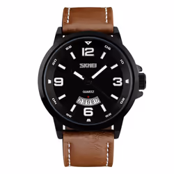 Skmei Mens Watch Brown Or Black Genuine Leather Strap Date Display Window - Brown