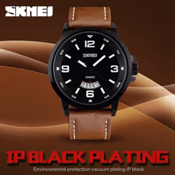 Skmei Mens Watch Brown Or Black Genuine Leather Strap Date Display Window - Brown