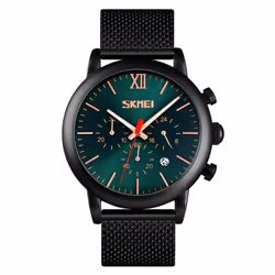 Skmei Mens Black Chronograph Quartz Watch Mesh Metal Strap Date Display SK9023 - Green