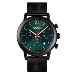 Skmei Mens Black Chronograph Quartz Watch Mesh Metal Strap Date Display SK9023 - Green