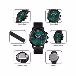 Skmei Mens Black Chronograph Quartz Watch Mesh Metal Strap Date Display SK9023 - Green
