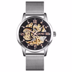 Skmei Men's Automatic Movement Skeleton Steampunk Watch Metal Mesh Strap Crystal Markers SK9199 - Silver