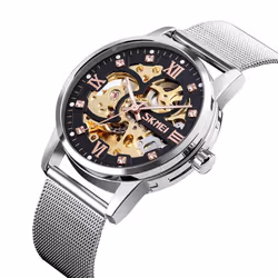 Skmei Men's Automatic Movement Skeleton Steampunk Watch Metal Mesh Strap Crystal Markers SK9199 - Silver