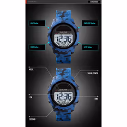 Skmei Solar Powered Digital Watch Resin Strap Alarm Light Stopwatch 3 Colours - Blue
