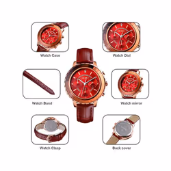 Skmei Women's Watch Classic Clear Dial Crystal Stones Leather Strap Three Colours - Red