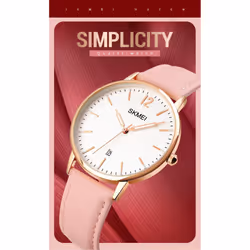 Skmei Women's Watch Classic Clear Dial Date Display Genuine Leather Strap - Pink