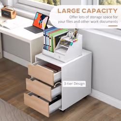 MDF Mobile File Cabinet w/ 3 Drawers Locking Wheels Metal Rails Oak Tone White