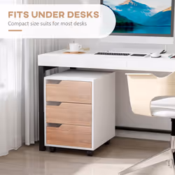 MDF Mobile File Cabinet w/ 3 Drawers Locking Wheels Metal Rails Oak Tone White