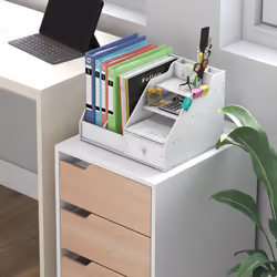 MDF Mobile File Cabinet w/ 3 Drawers Locking Wheels Metal Rails Oak Tone White - Additional view 6