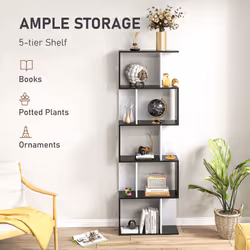 HOMCOM 5-tier Bookcase Storage Display Shelving S Shape design Unit Black