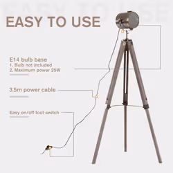 HOMCOM Industrial Tripod Floor Lamp Wood Height Adjustable Spotlight Bronze - Additional view 5