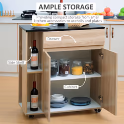 HOMCOM Kitchen Storage Trolley Cart Cupboard Rolling Island Shelves Locking