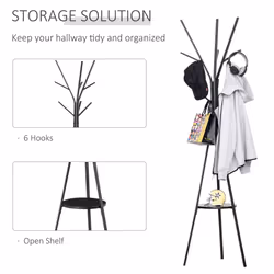 HOMCOM 180cm Free Standing Coat Rack Metal Shelf Holder Stand Hat Hanger Black
