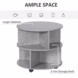 HOMCOM 3 Tier Coffee Table Round Rolling Centre Table w/ Wheels Cement