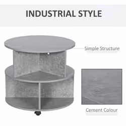 HOMCOM 3 Tier Coffee Table Round Rolling Centre Table w/ Wheels Cement
